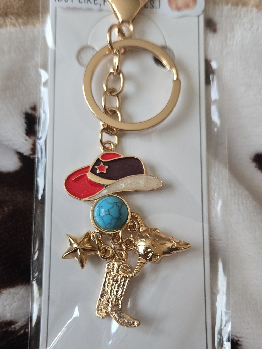 Gold Western Charm Keychain with Red, Turquoise & Cream Accents